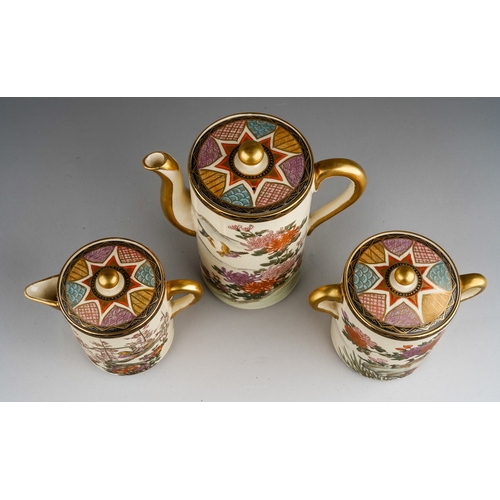 1002 - An early 20th century Japanese Satsuma pottery three piece coffee set of cylindrical form, the lids ... 