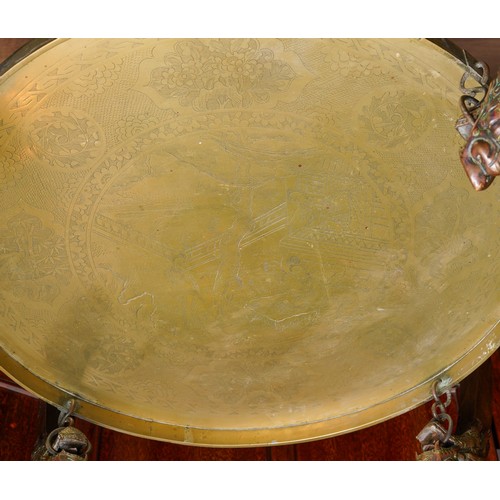 1007 - Antique Chinese painted folding table, with engraved brass trays on two levels, metal mounts in the ... 