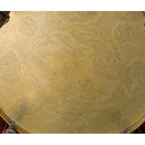 1007 - Antique Chinese painted folding table, with engraved brass trays on two levels, metal mounts in the ... 