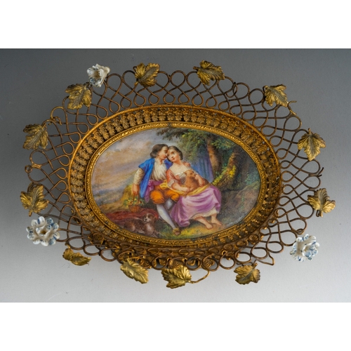 1020 - Antique French Palais Royal gilt metal basket, mounted with porcelain flowers and a central hand pai... 