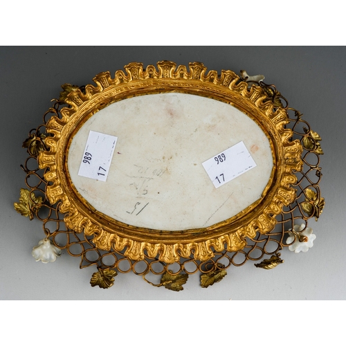 1020 - Antique French Palais Royal gilt metal basket, mounted with porcelain flowers and a central hand pai... 