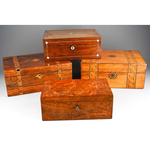 1026 - Four Victorian work boxes of rectangular form, all lacking internal fittings, one in rosewood with m... 