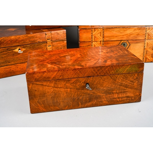 1026 - Four Victorian work boxes of rectangular form, all lacking internal fittings, one in rosewood with m... 