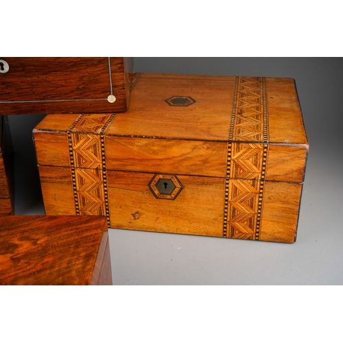 1026 - Four Victorian work boxes of rectangular form, all lacking internal fittings, one in rosewood with m... 