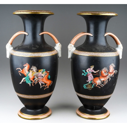 70 - A pair of late Victorian Staffordshire pottery baluster vases, decorated in the Etruscan style with ... 