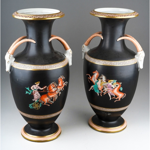 70 - A pair of late Victorian Staffordshire pottery baluster vases, decorated in the Etruscan style with ... 