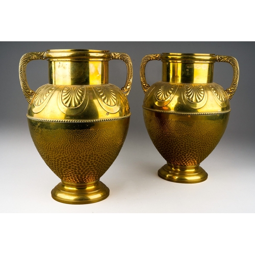 71 - A pair of 20th century Beldray brass twin handled baluster vases, embossed decoration, height 30cm (... 