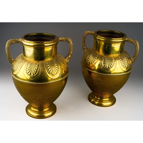 71 - A pair of 20th century Beldray brass twin handled baluster vases, embossed decoration, height 30cm (... 