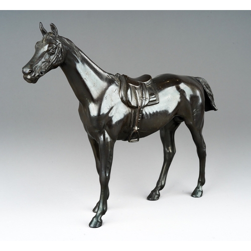 75 - A modern bronzed figure of a saddled horse, cast initials SP to underside, height 24cm