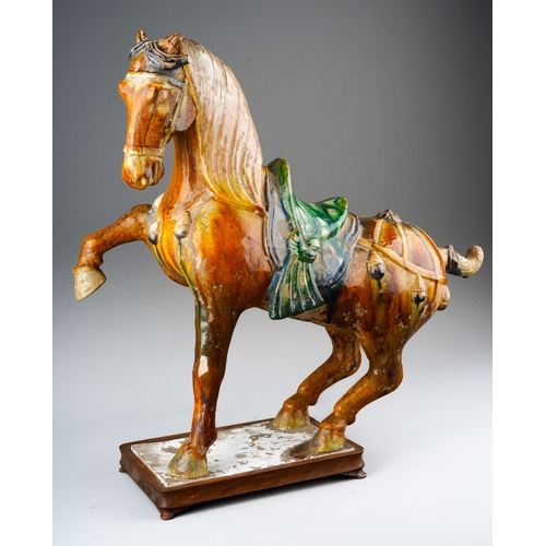 76 - A Tang Dynasty Chinese hollow pottery figure of a horse with one leg raised, the rectangular base wi... 