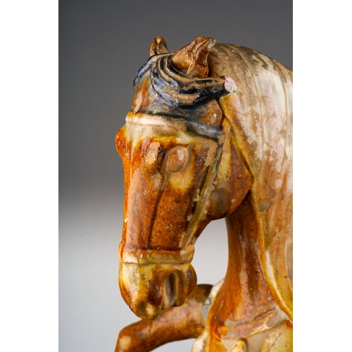 76 - A Tang Dynasty Chinese hollow pottery figure of a horse with one leg raised, the rectangular base wi... 