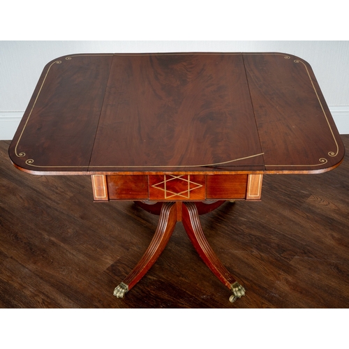 81 - A 19th Century mahogany and brass inlaid Pembroke table, fitted with a single end drawer, on a balus... 