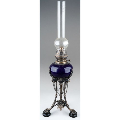 84 - A Neo-Classical silver plated oil lamp, with blue glazed ceramic reservoir, on monopodia base, with ... 