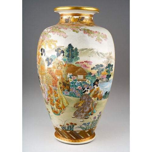 88 - A Meiji period Satsuma pottery baluster vase, hand decorated with two panels of figures in gardens w... 