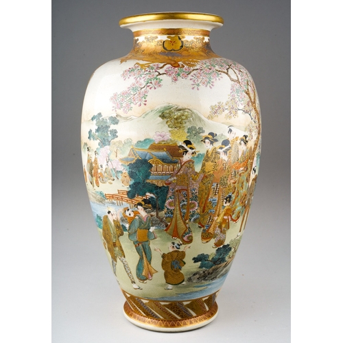 88 - A Meiji period Satsuma pottery baluster vase, hand decorated with two panels of figures in gardens w... 