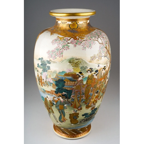 88 - A Meiji period Satsuma pottery baluster vase, hand decorated with two panels of figures in gardens w... 