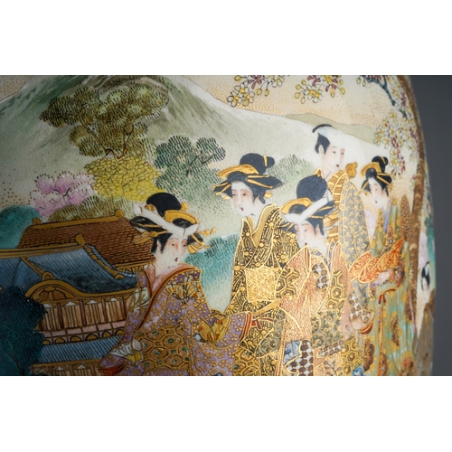 88 - A Meiji period Satsuma pottery baluster vase, hand decorated with two panels of figures in gardens w... 