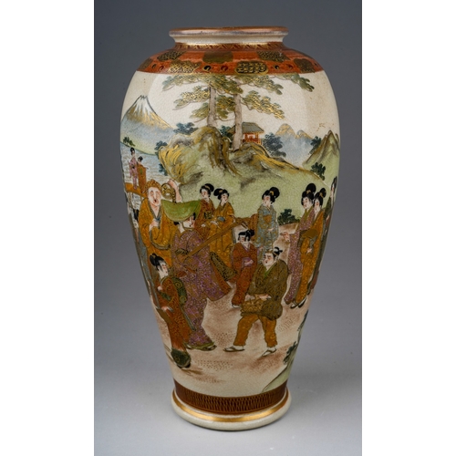 90 - A Meiji period Satsuma pottery baluster vase, hand decorated with two panels, one of deities and eld... 