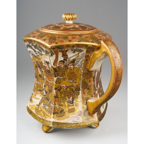 100 - A Japanese Satsuma pottery Meiji period (1868 to 1912) tea pot of waisted hexagonal form on three sh... 