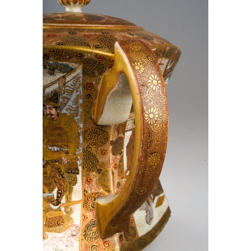 100 - A Japanese Satsuma pottery Meiji period (1868 to 1912) tea pot of waisted hexagonal form on three sh... 