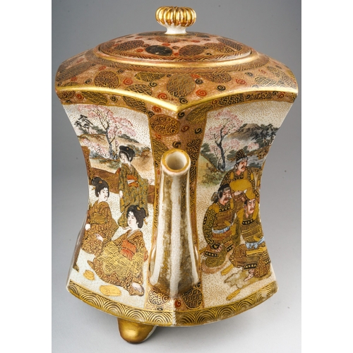 100 - A Japanese Satsuma pottery Meiji period (1868 to 1912) tea pot of waisted hexagonal form on three sh... 