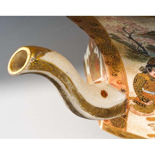 100 - A Japanese Satsuma pottery Meiji period (1868 to 1912) tea pot of waisted hexagonal form on three sh... 