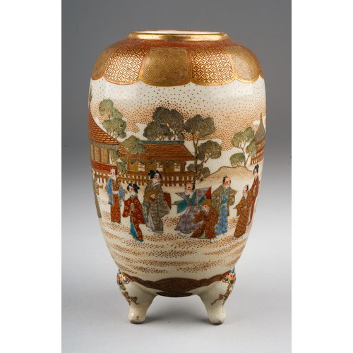 106 - A small Japanese Satsuma pottery vase of ovoid form on three short legs, hand decorated with a conti... 