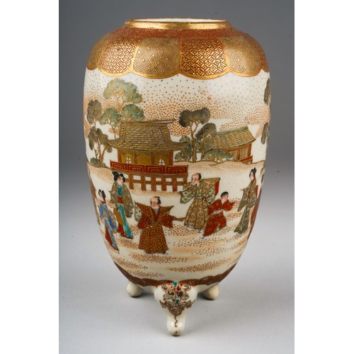 106 - A small Japanese Satsuma pottery vase of ovoid form on three short legs, hand decorated with a conti... 