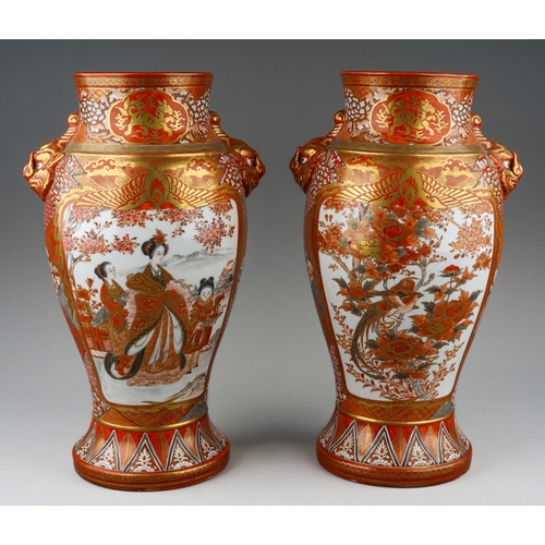 119 - A pair of late 19th century Japanese Kutani porcelain baluster vases, dragon mask twin handles and d... 