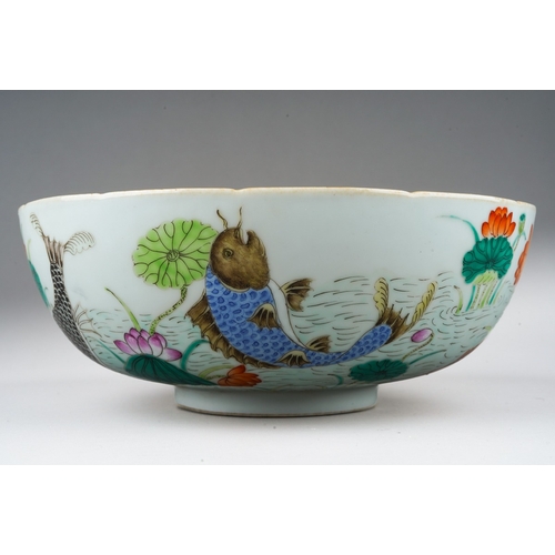 120 - A Chinese porcelain bowl, lobed rim, plain interior, the exterior polychrome enamelled with carp swi... 