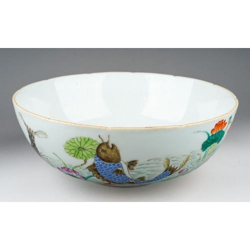 120 - A Chinese porcelain bowl, lobed rim, plain interior, the exterior polychrome enamelled with carp swi... 