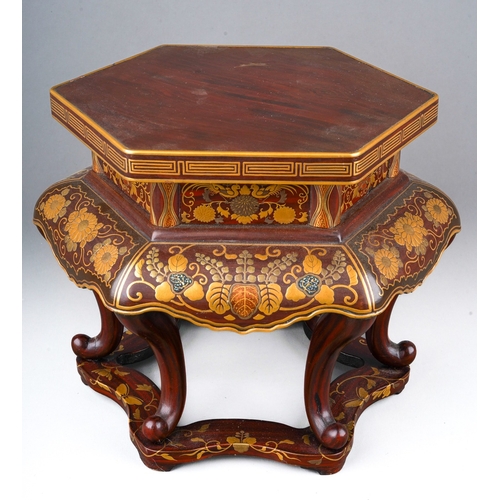 121 - A Japanese lacquered stand of hexagonal form decorated with Maki-e flowers and foliage, wavy apron, ... 
