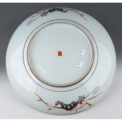 122 - A Japanese Kutani porcelain charger, Meiji period (1868-1912), geometric border surrounding three pa... 