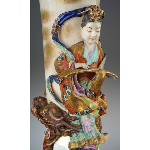 128 - A large Japanese late Meiji period (1868-1912) Satsuma pottery vase of slender baluster form, probab... 