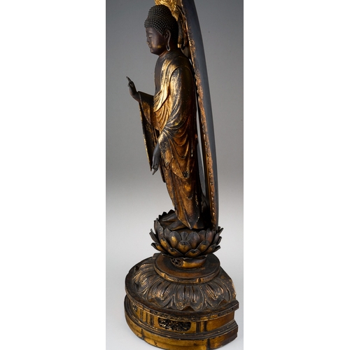 132 - An Edo period (1615-1868) lacquered giltwood figure of Amida Nyorai, glass urna, both hands in raigo... 