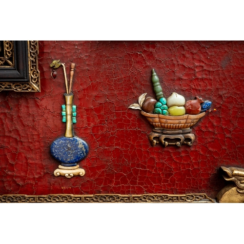 142 - A pair of 20th century Chinese floorstanding screens on separate stands, each decorated in the form ... 