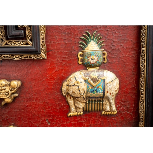 142 - A pair of 20th century Chinese floorstanding screens on separate stands, each decorated in the form ... 