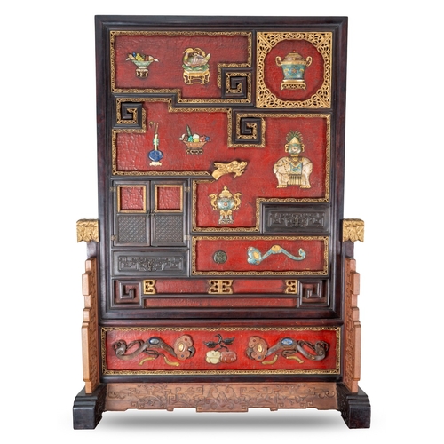 142 - A pair of 20th century Chinese floorstanding screens on separate stands, each decorated in the form ... 