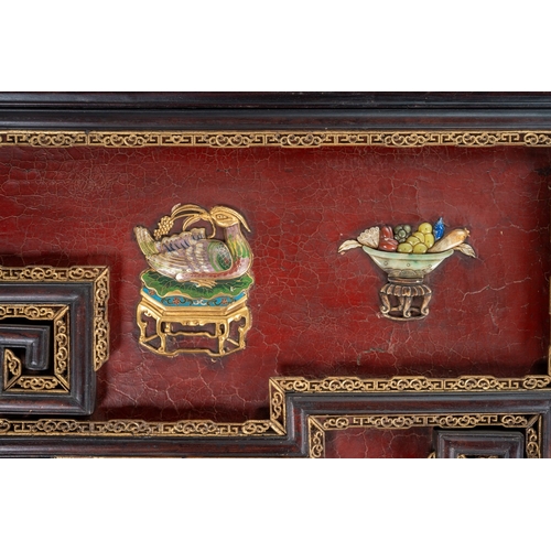 142 - A pair of 20th century Chinese floorstanding screens on separate stands, each decorated in the form ... 