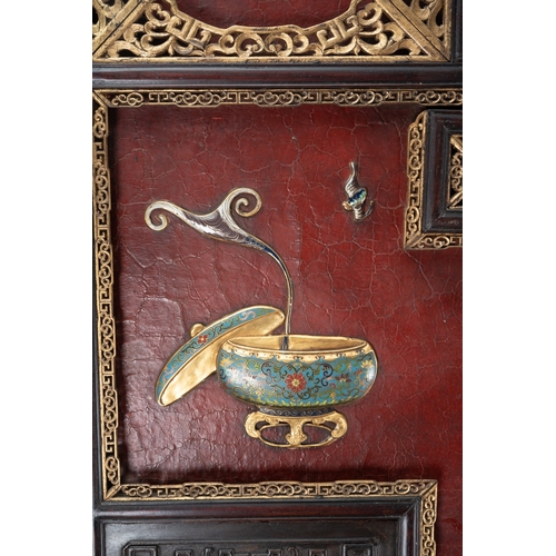 142 - A pair of 20th century Chinese floorstanding screens on separate stands, each decorated in the form ... 