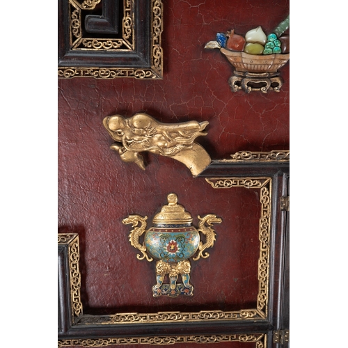 142 - A pair of 20th century Chinese floorstanding screens on separate stands, each decorated in the form ... 