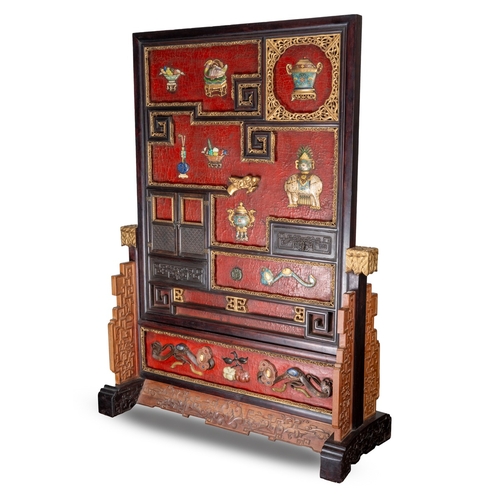 142 - A pair of 20th century Chinese floorstanding screens on separate stands, each decorated in the form ... 