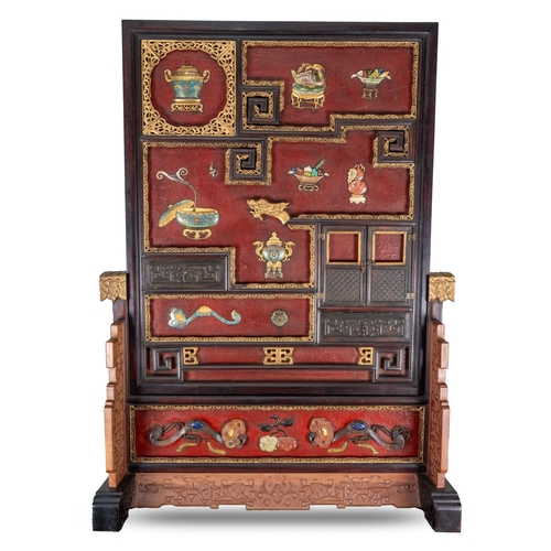 142 - A pair of 20th century Chinese floorstanding screens on separate stands, each decorated in the form ... 