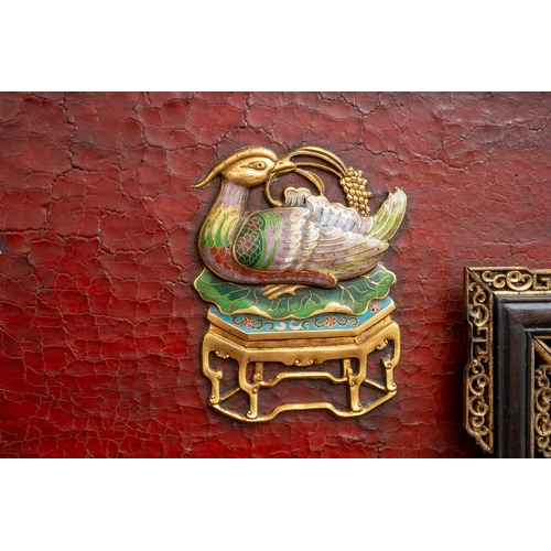 142 - A pair of 20th century Chinese floorstanding screens on separate stands, each decorated in the form ... 