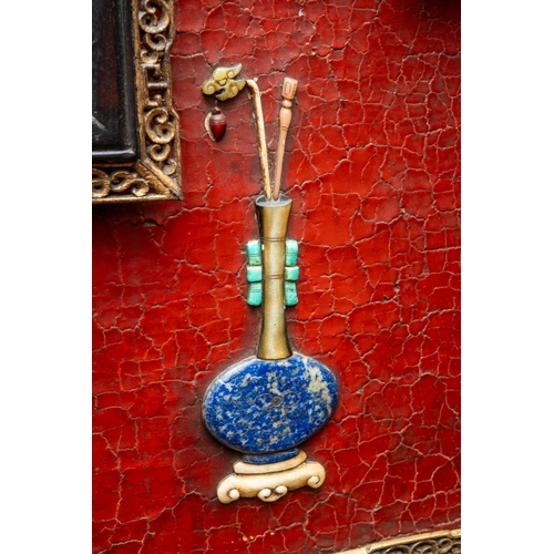 142 - A pair of 20th century Chinese floorstanding screens on separate stands, each decorated in the form ... 