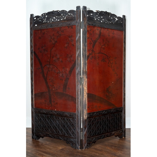 143 - A Japanese Meiji period shibayama two fold screen, fret tops above lacquer panels with applied carve... 