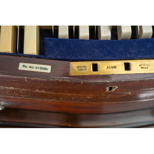 144 - An Edwardian  mahogany and satinwood banded serpentine fronted table canteen of silver plated Fiddle... 