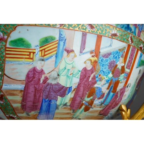 147 - A 19th century Chinese Canton porcelain famille rose and ormolu mounted punch bowl, the porcelain en... 