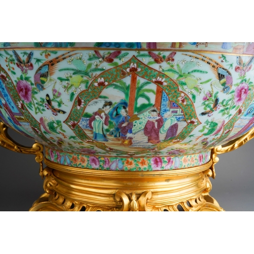 147 - A 19th century Chinese Canton porcelain famille rose and ormolu mounted punch bowl, the porcelain en... 