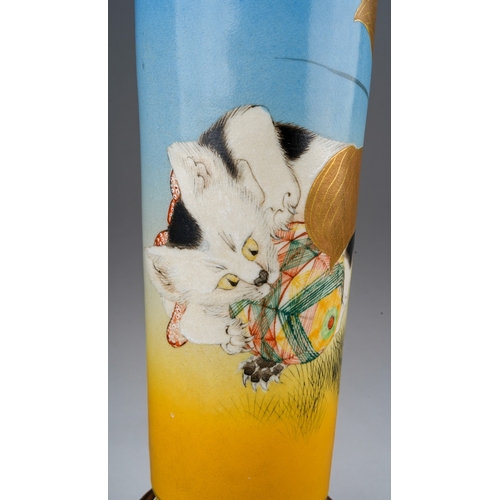 151 - A Japanese Satsuma pottery vase of tapered cylindrical form, gilt neck and shoulders above the main ... 